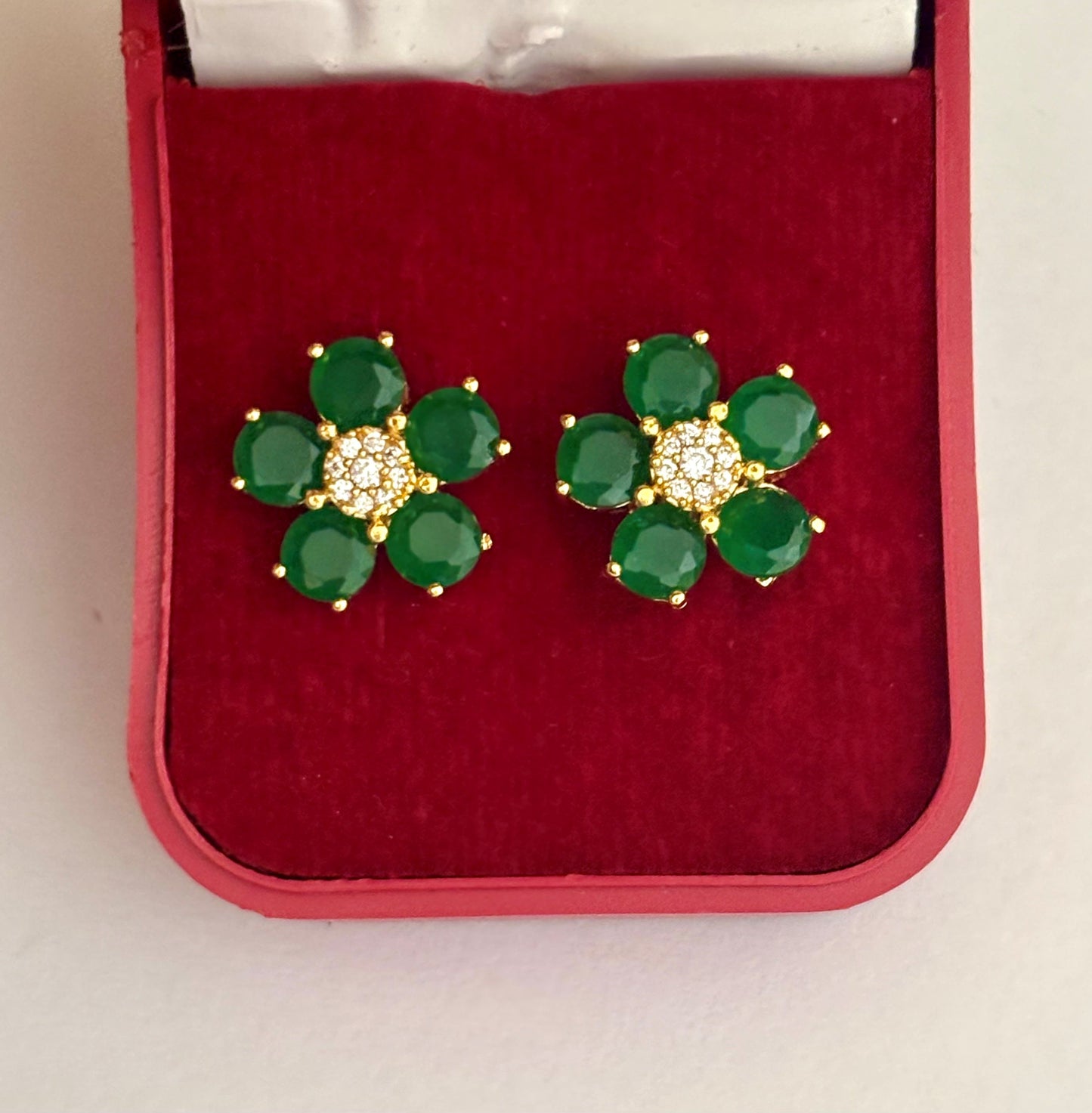 Gold-Plated Emerald Green Flower Stud Earrings