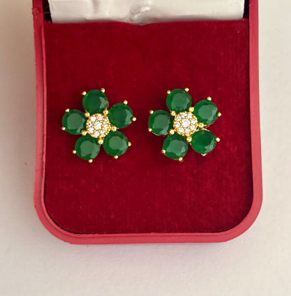 Gold-Plated Emerald Green Flower Stud Earrings