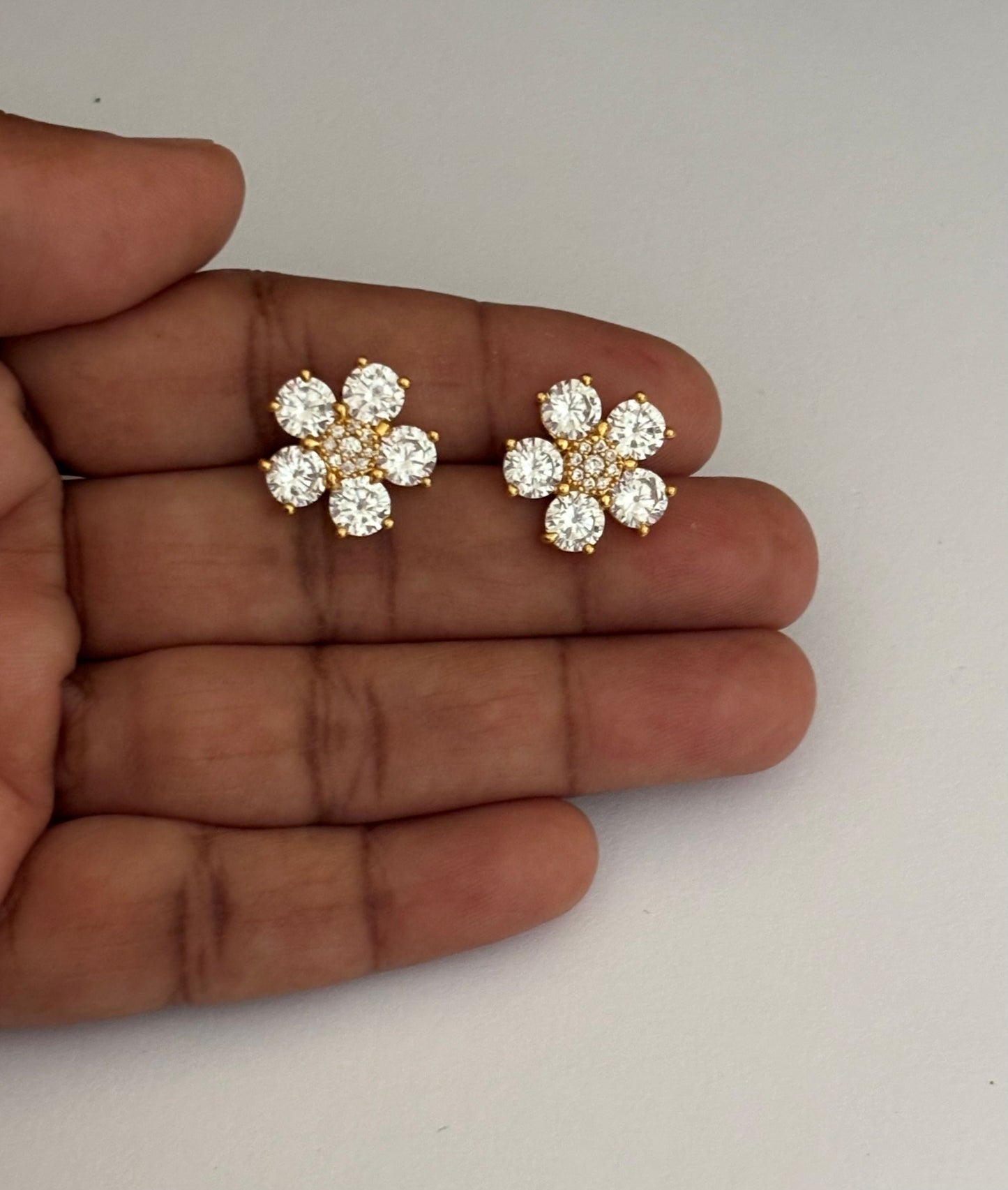 Gold-Plated American Diamond Flower Stud Earrings