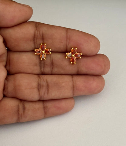 Gold-Plated Flower Stud Earrings with Topaz-Colored Stones