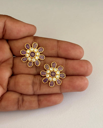 Gold-Plated Floral Stud Earrings with Amethyst and AD Stones