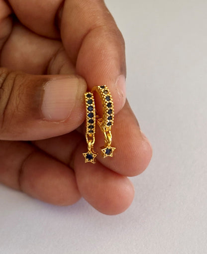 Star Charm Huggie Earrings with Blue Sapphire Stones