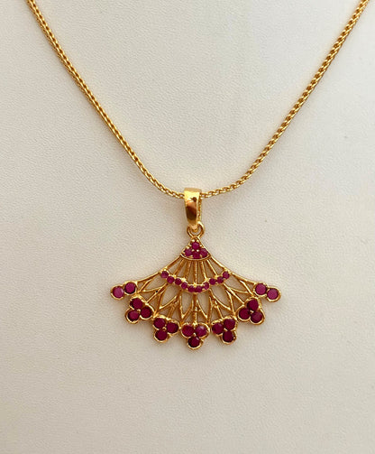 Gold-Plated Fan-Shaped Pendant with Pink Ruby Stones