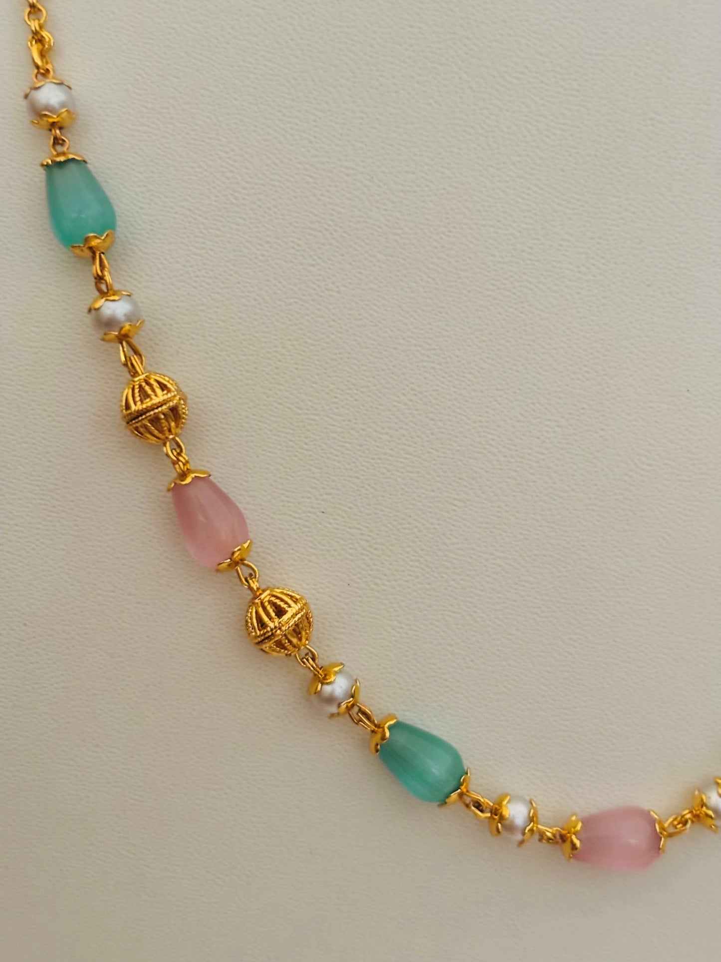 Necklace with Pastel Pink and Green Beads and Pearls