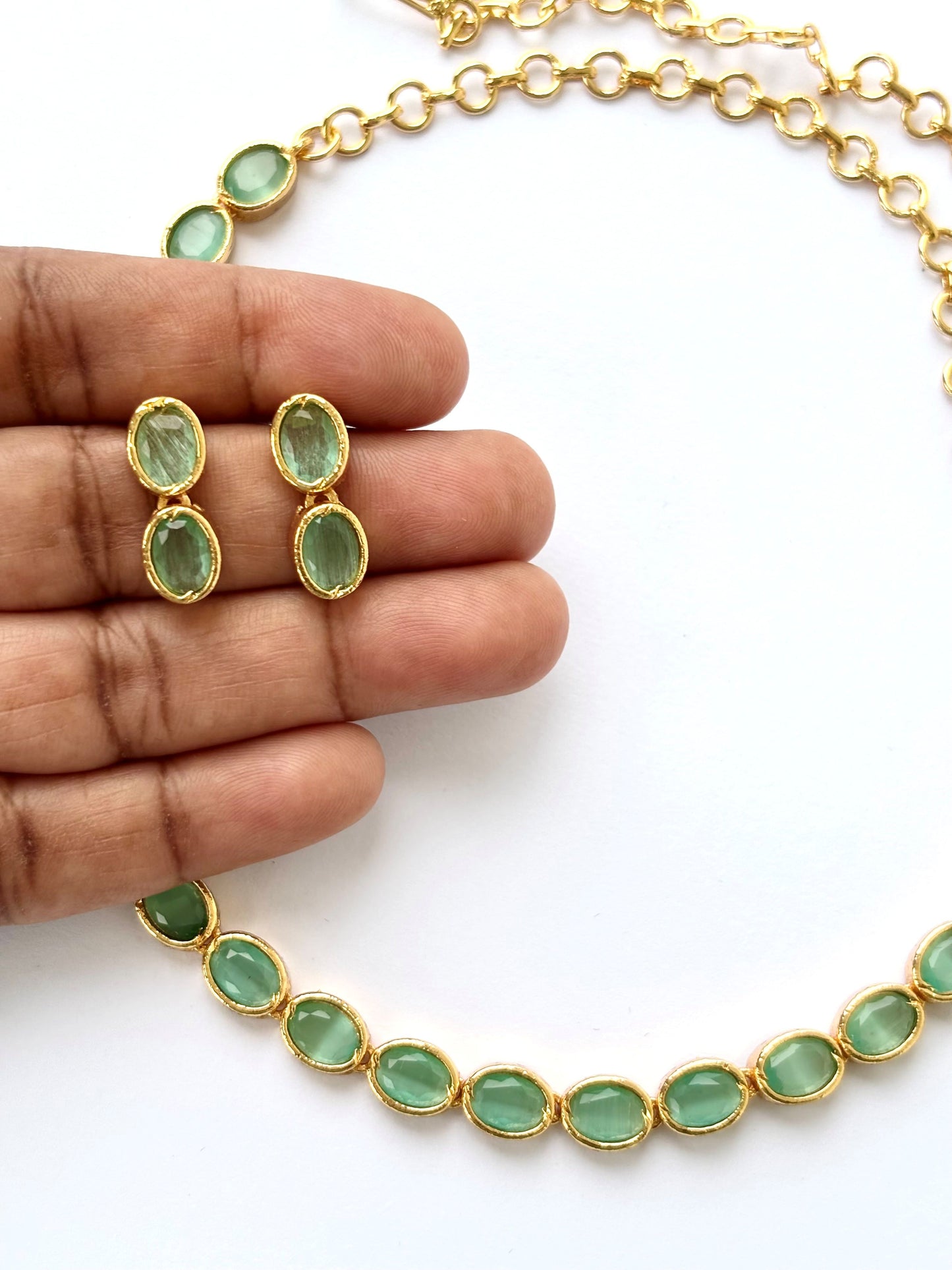 Gold Plated Mint Green Oval Stone Necklace Set with Earrings