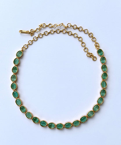 Gold Plated Mint Green Oval Stone Necklace Set with Earrings