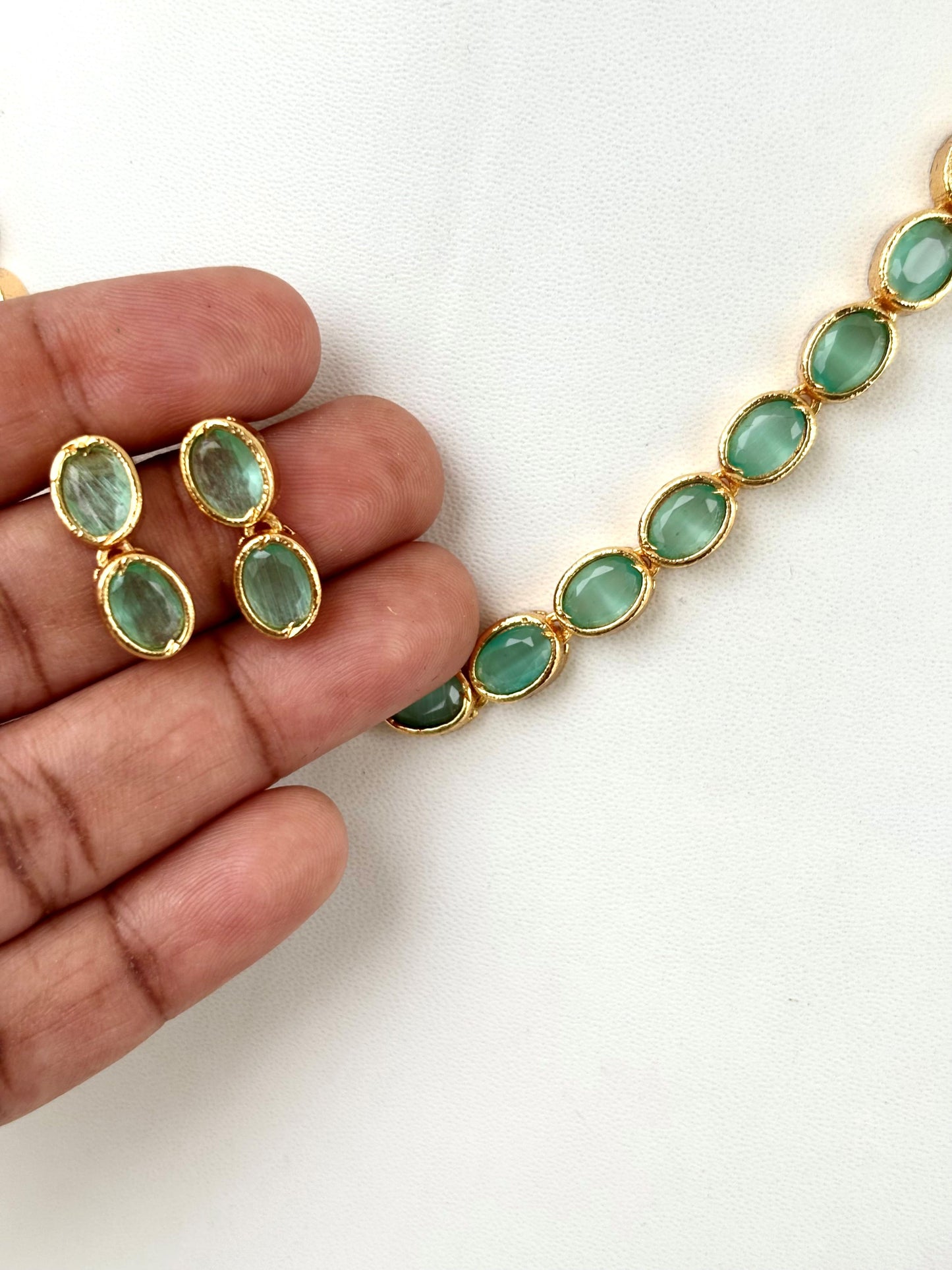 Gold Plated Mint Green Oval Stone Necklace Set with Earrings