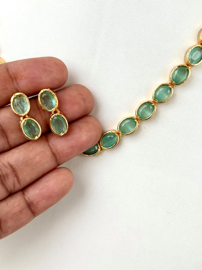 Gold Plated Mint Green Oval Stone Necklace Set with Earrings