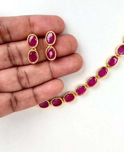 Gold Plated Rani Pink Oval Stone Necklace Set