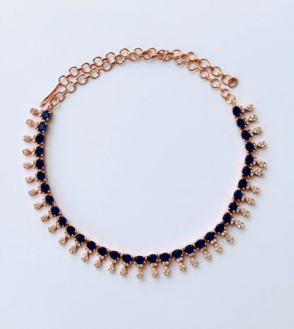Rose Gold Plated Sapphire Blue AD Stone Necklace Set