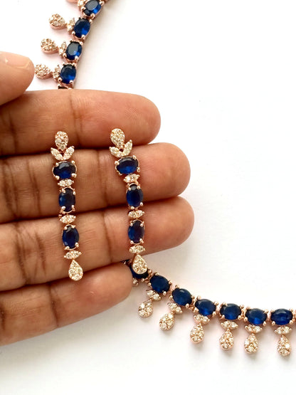 Rose Gold Plated Sapphire Blue AD Stone Necklace Set