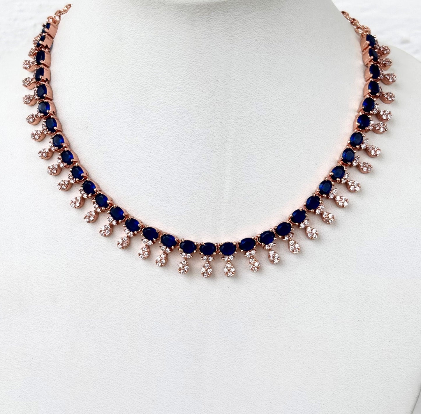 Rose Gold Plated Sapphire Blue AD Stone Necklace Set