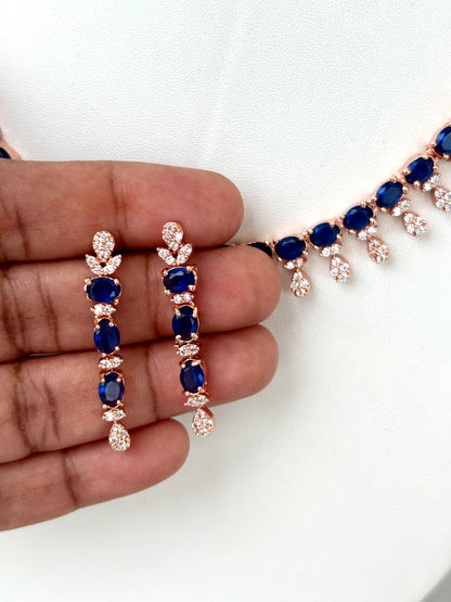 Rose Gold Plated Sapphire Blue AD Stone Necklace Set