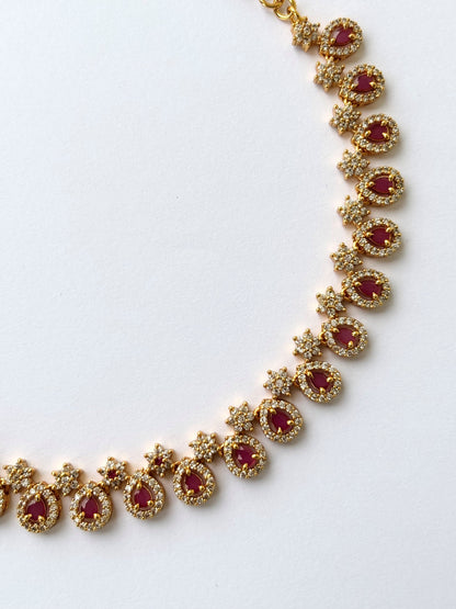 Gold Plated Ruby and AD Teardrop Necklace Set