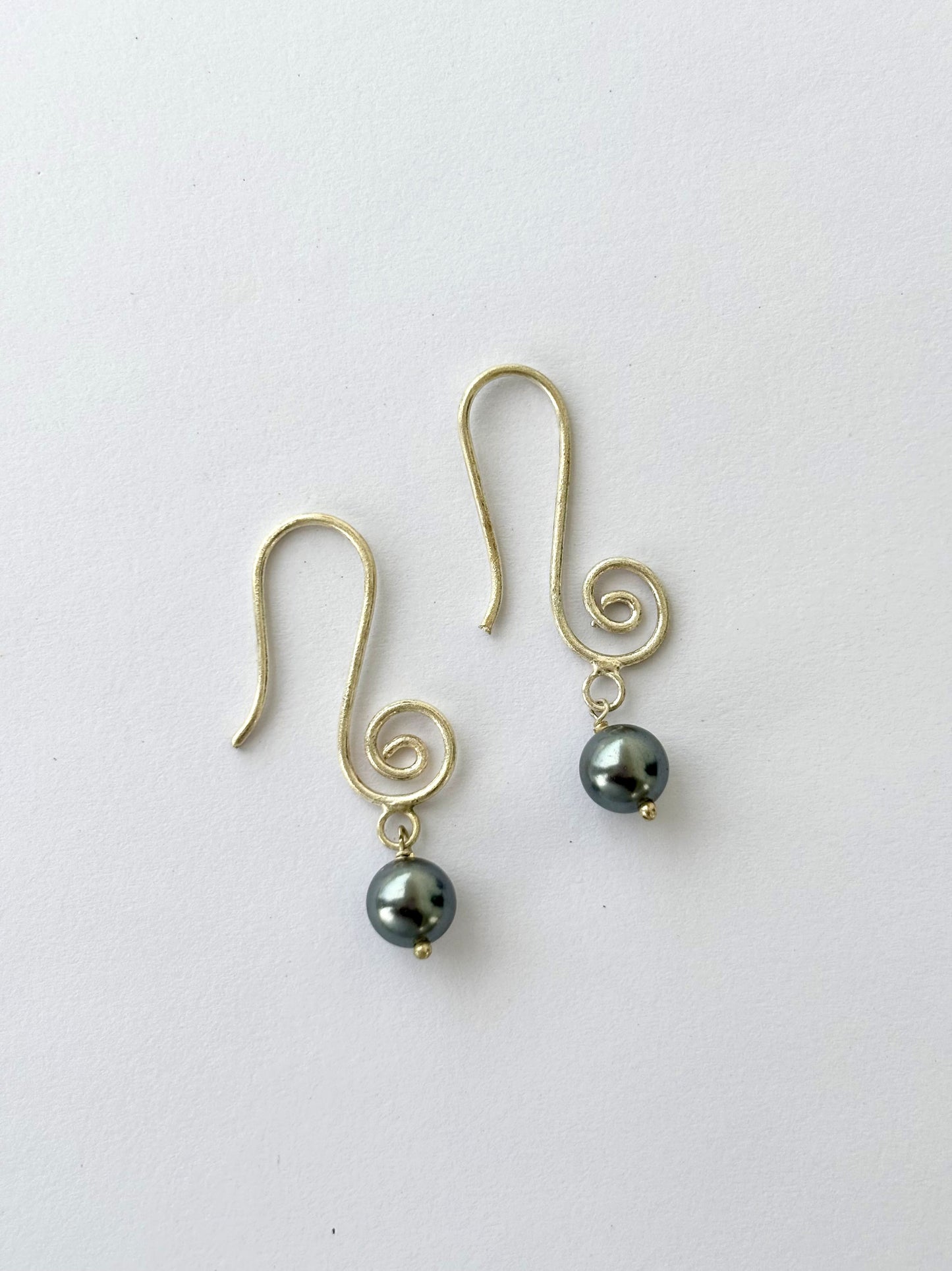 Handmade Spiral Swirl Earrings with Dark Grey Pearls