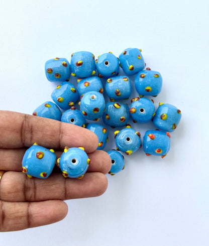 Large Blue Dotted Glass Cube Beads