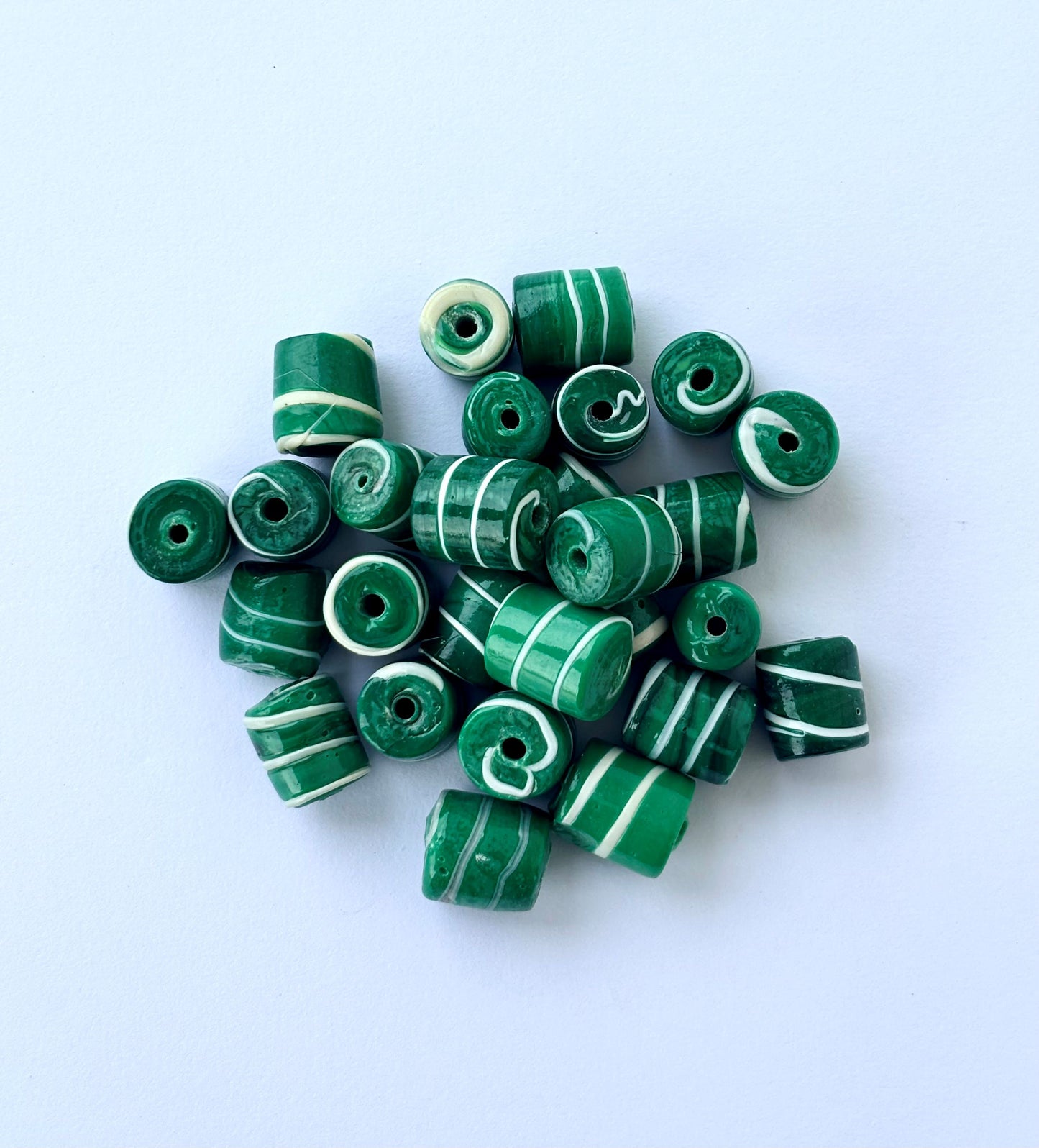 Large Green and White Swirl Glass Barrel Beads