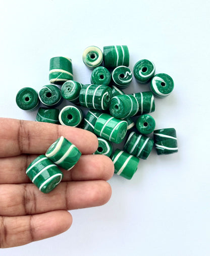 Large Green and White Swirl Glass Barrel Beads