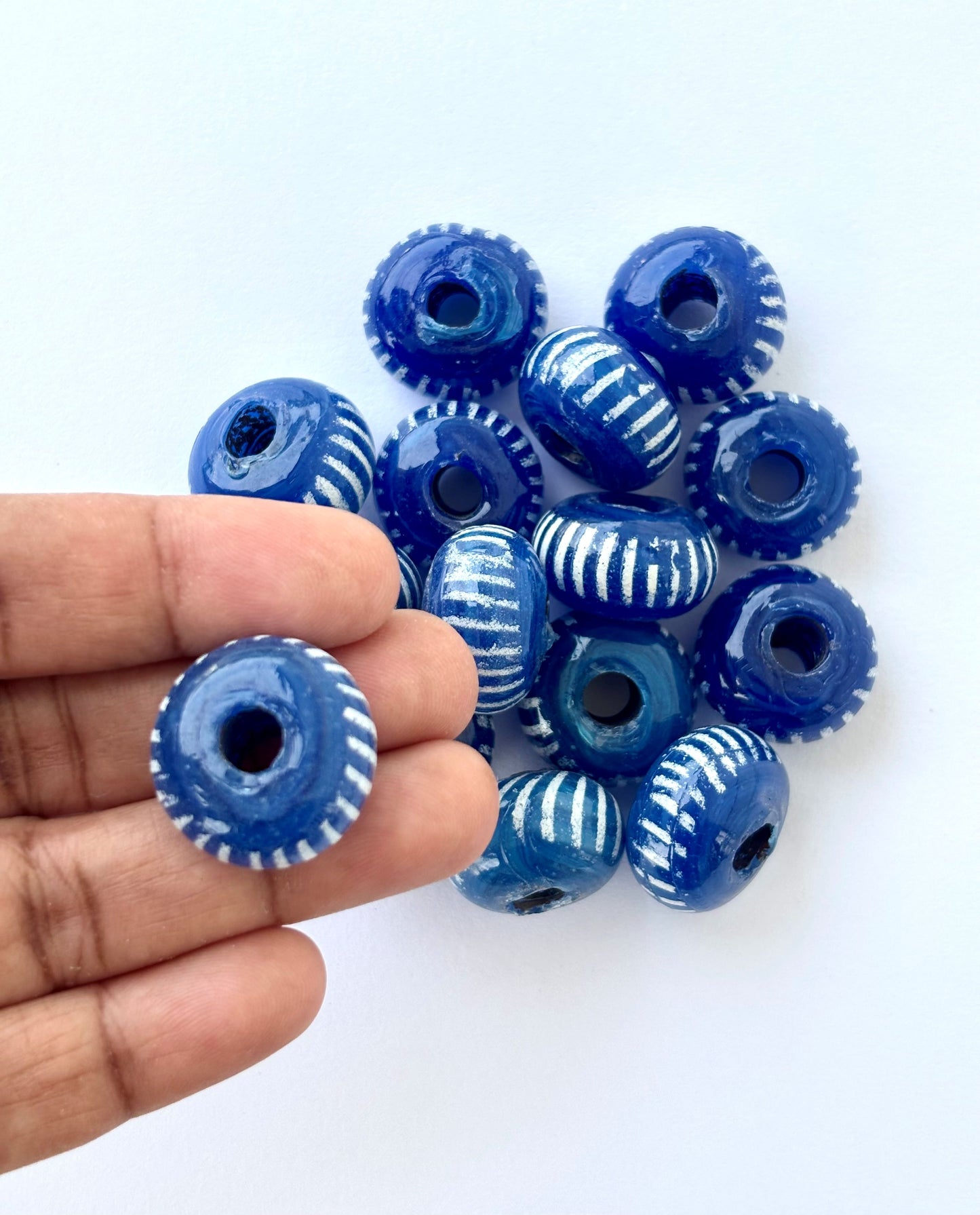 Large Cobalt Blue and White Striped Glass Beads