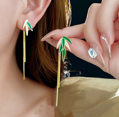 Green Enamel Leaf Tassel Earrings