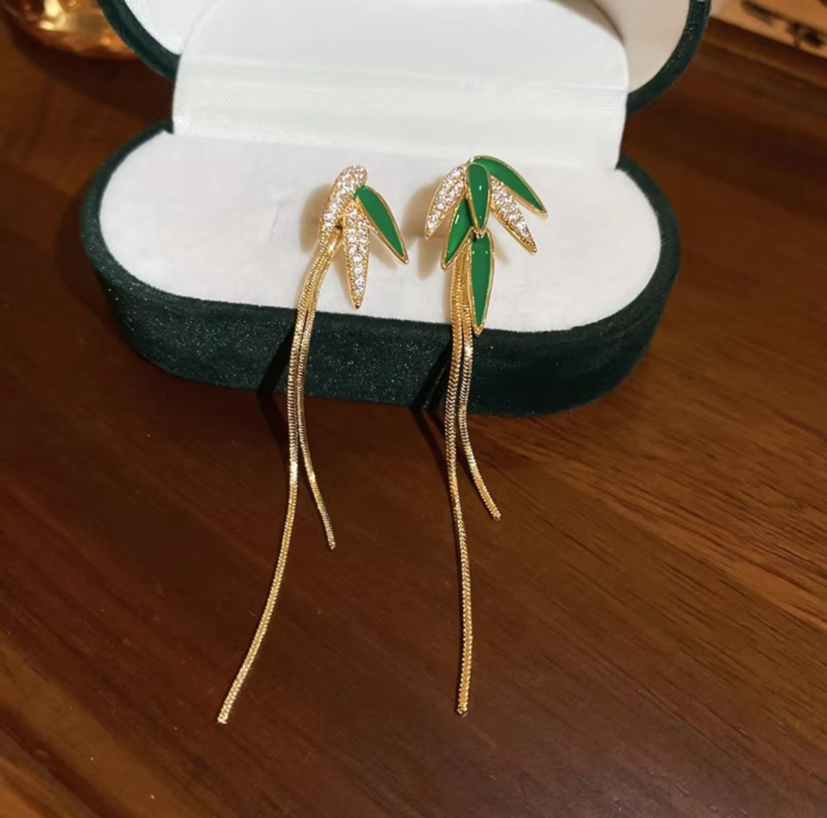 Green Enamel Leaf Tassel Earrings
