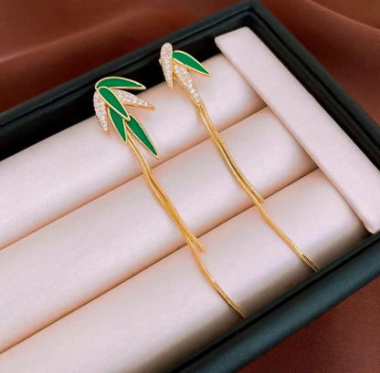 Green Enamel Leaf Tassel Earrings