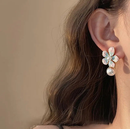 Enamel Flower Pearl Drop Earrings