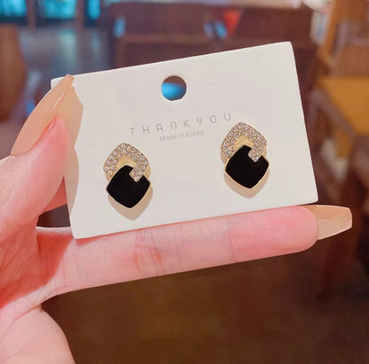 Geometric Black Enamel and Crystal Stud Earrings