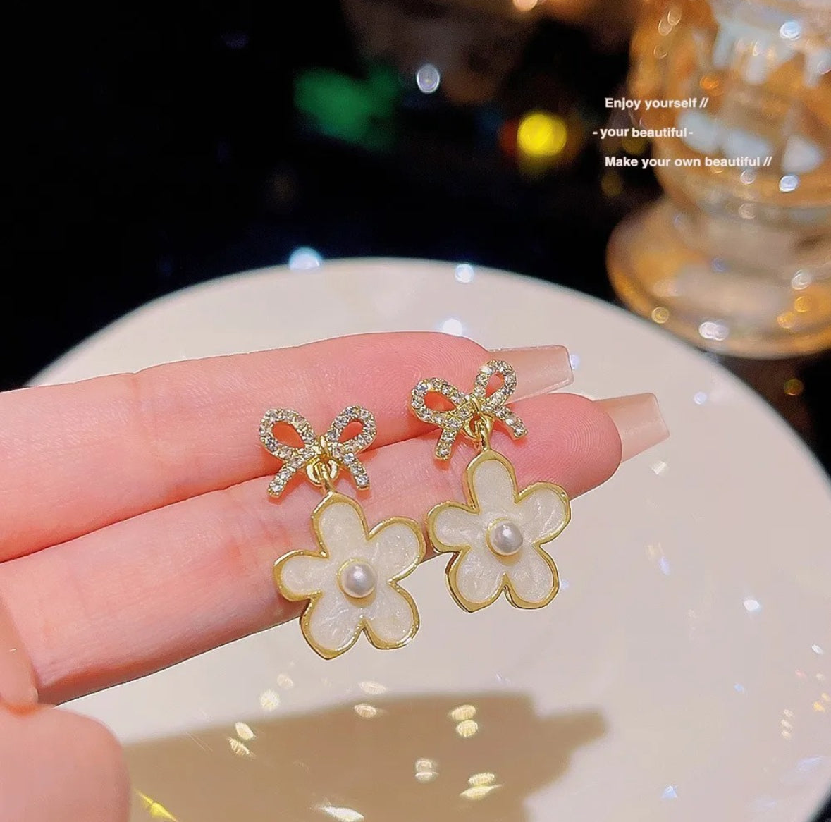 Crystal Bow and Flower Drop Earrings