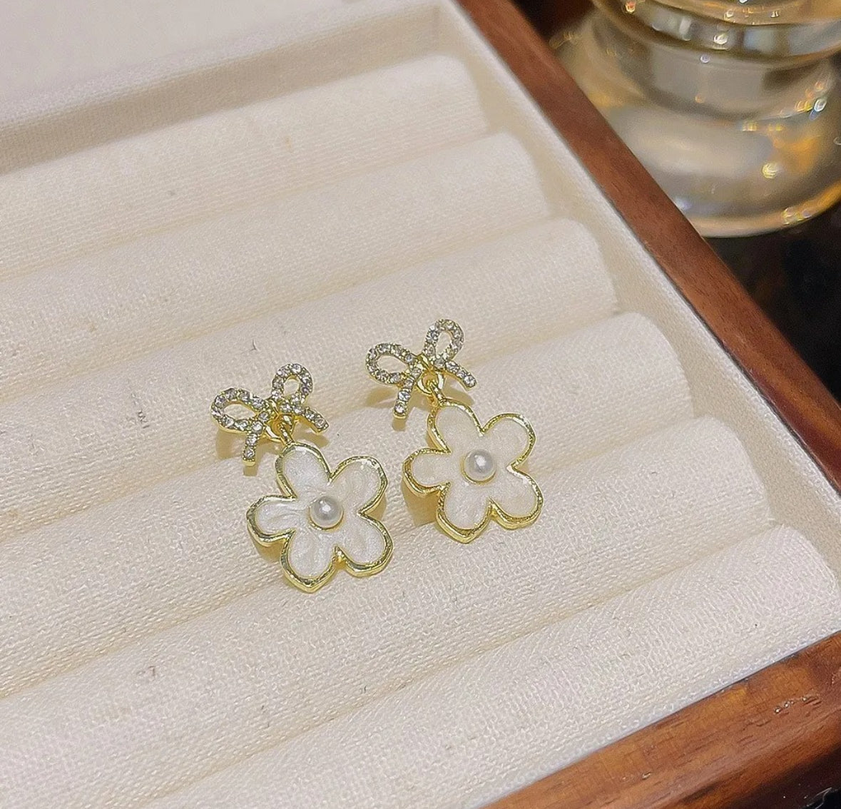 Crystal Bow and Flower Drop Earrings