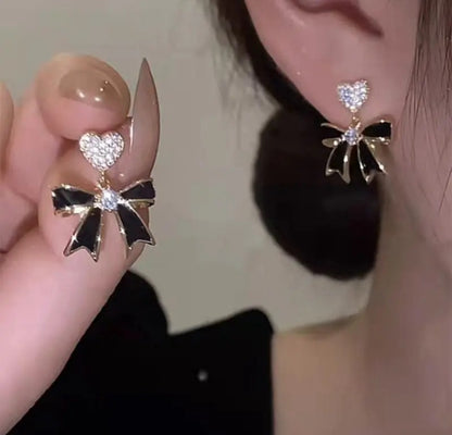 Crystal Heart & Black Bow Drop Earrings