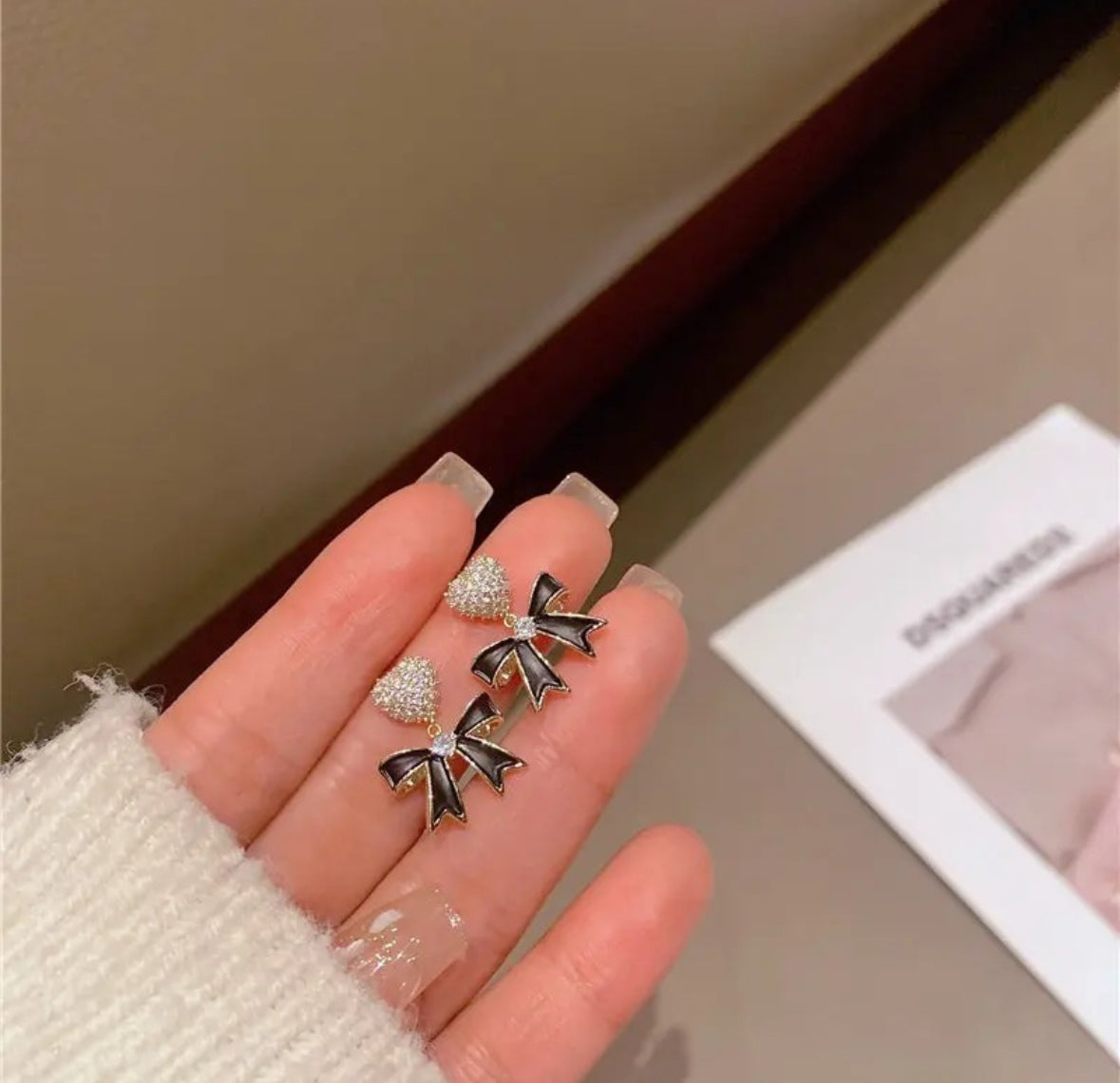 Crystal Heart & Black Bow Drop Earrings
