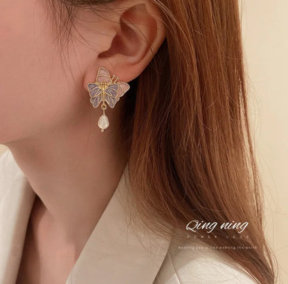 Enamel Butterfly Pearl Drop Earrings