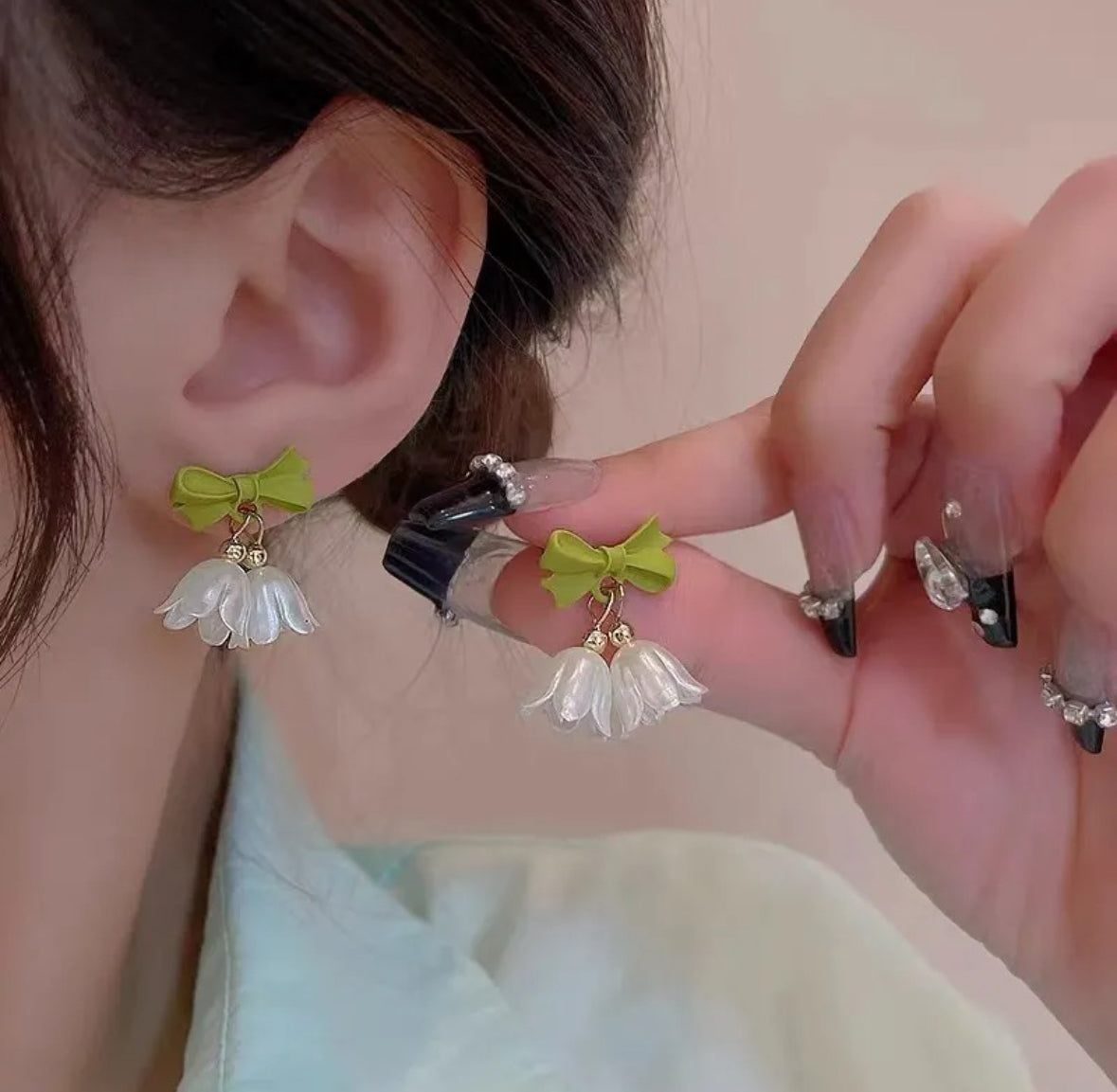Lily of the Valley and Bow Drop Earrings