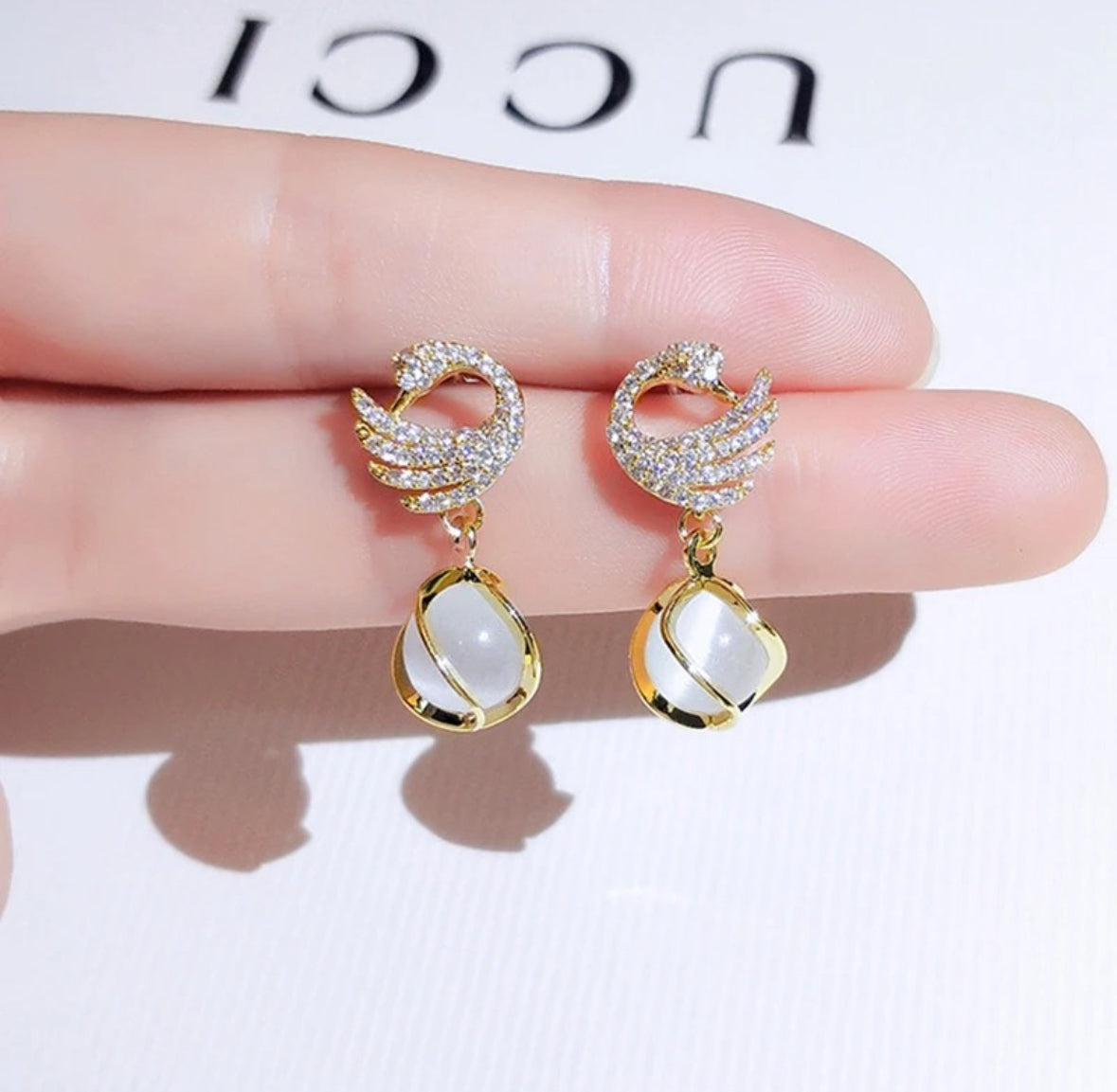 Swan and Opal Drop Earrings