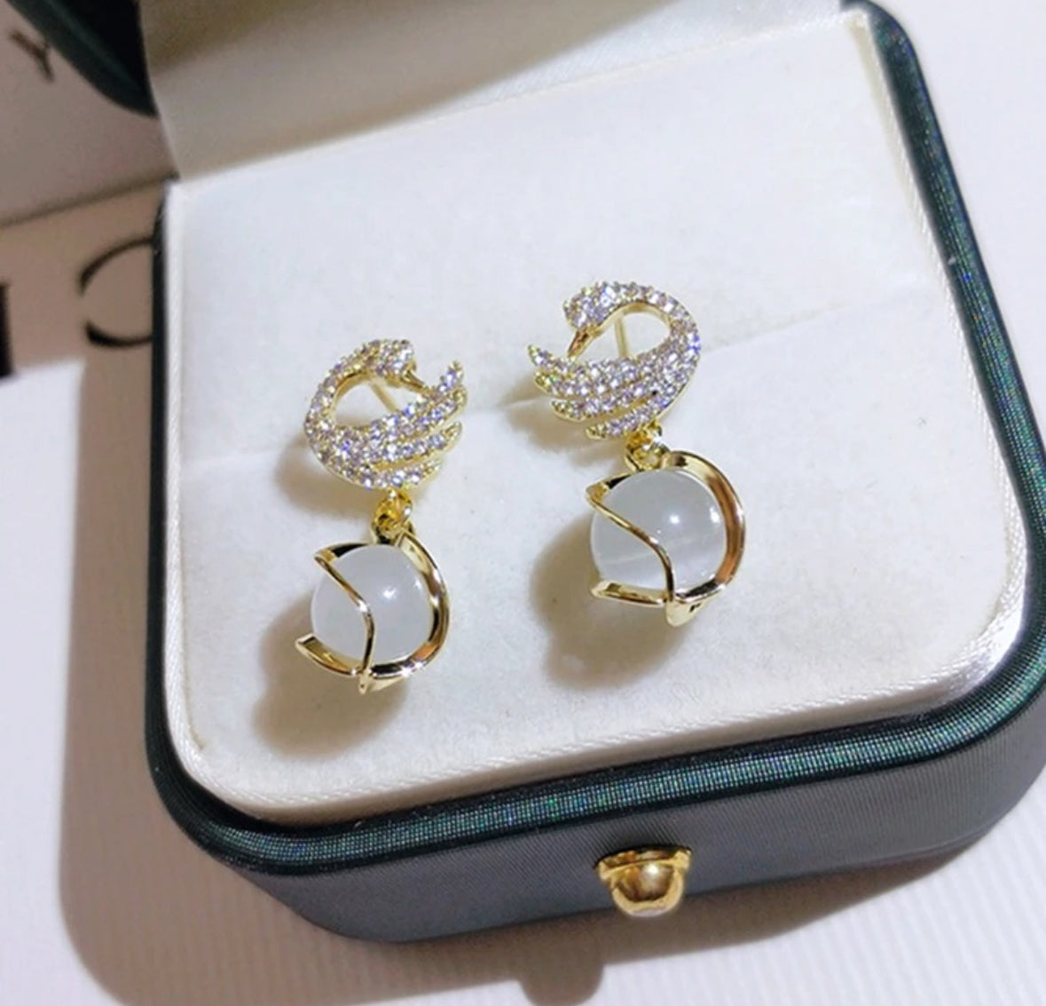 Swan and Opal Drop Earrings