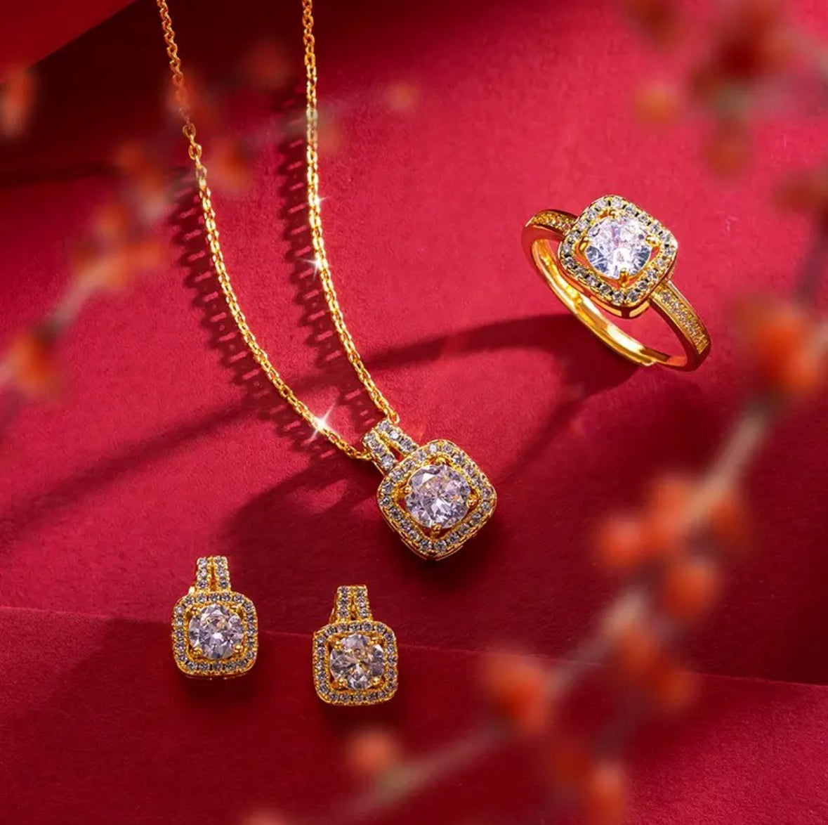 Gold Square Crystal Jewelry Set - Necklace, Earrings, and Finger Ring