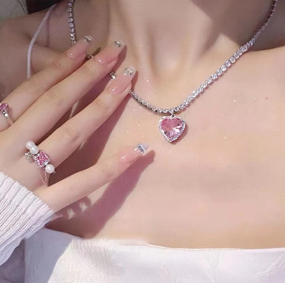Pink Heart and Crystal Necklace
