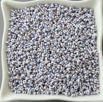 Preciosa White with Blue and Red Thin Stripe Seed Beads