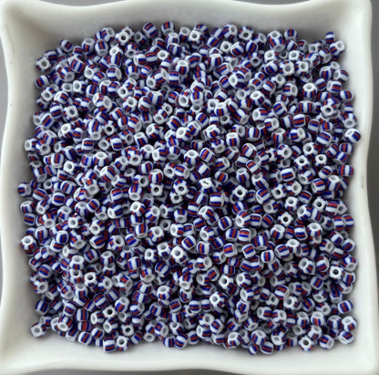 Preciosa White with Blue and Red Thick Stripe Seed Beads