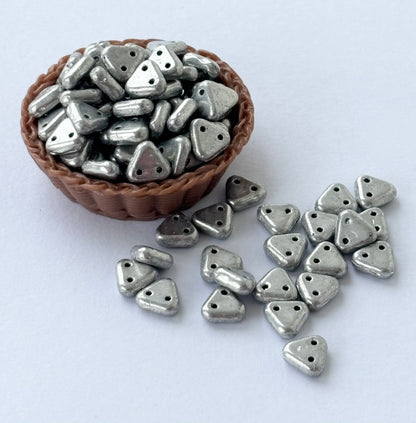 Silver Metallic Two-Hole Triangle Glass Beads