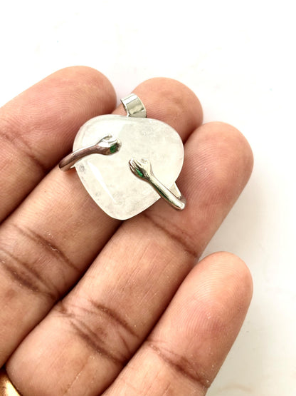 White Crystal Hugging Heart Semi-Precious Stone Pendant