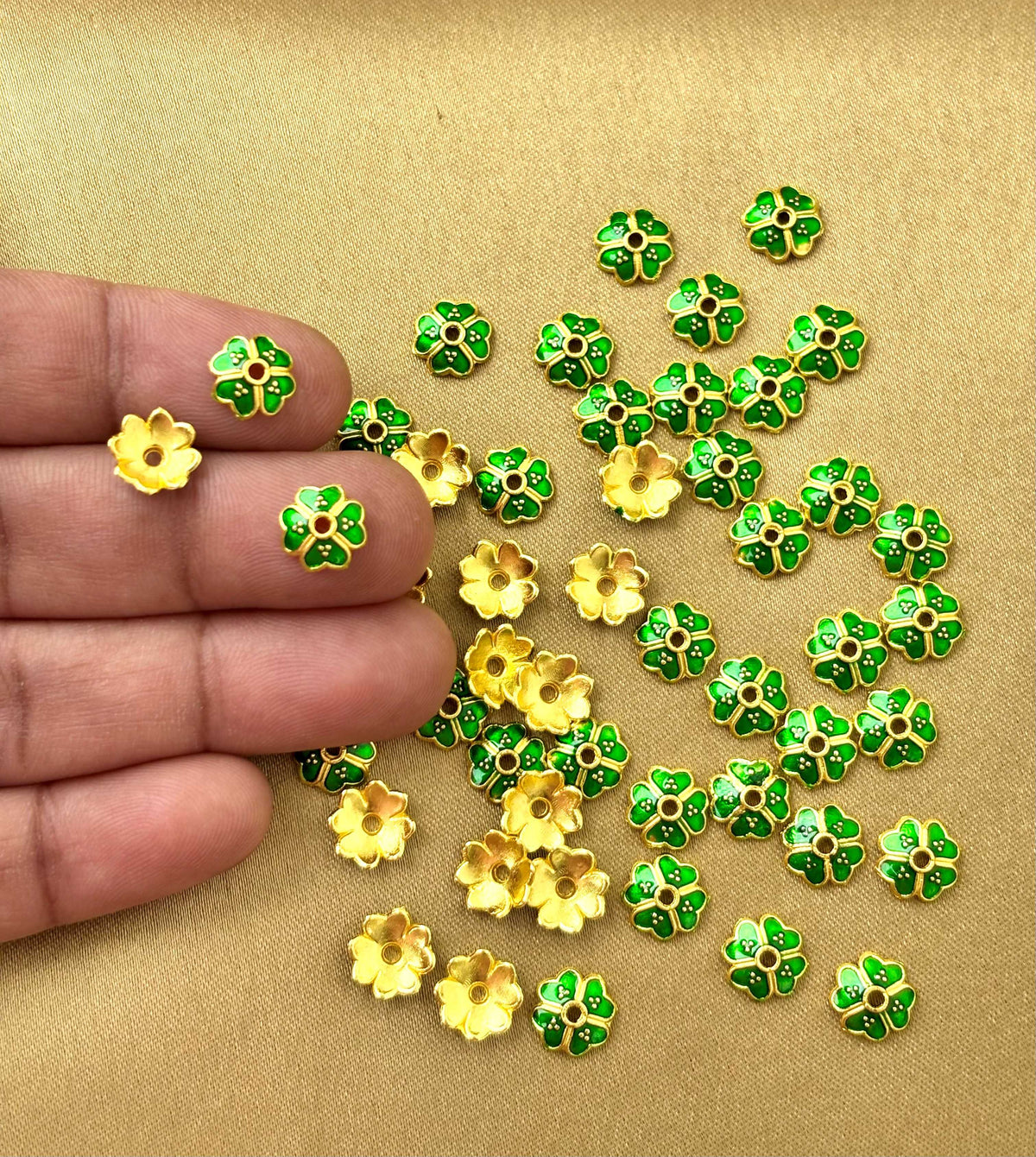 Green Enamel Gold Bead Caps