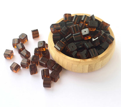 Amber Brown Cube Glass Beads