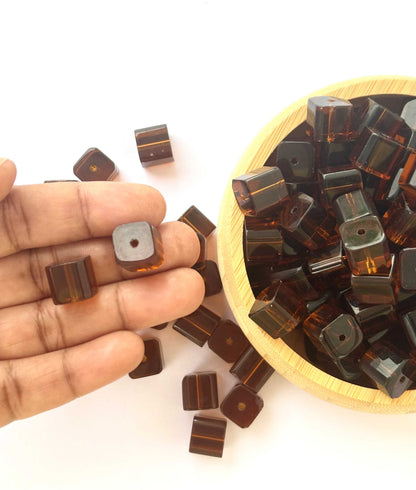 Amber Brown Cube Glass Beads