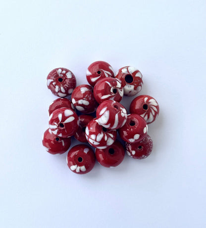 Large Red and White Swirl Glass Beads