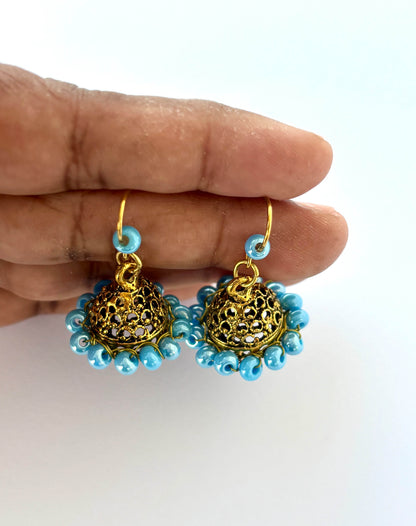 Mini Antique Gold Jhumka Earrings with Sky Blue Beads