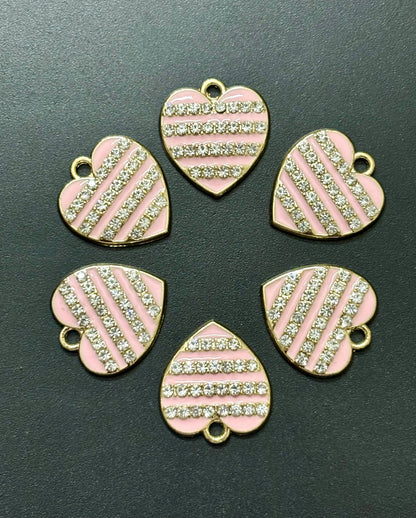 Two Pieces Pink Striped Rhinestone Heart Charms