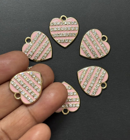 Two Pieces Pink Striped Rhinestone Heart Charms