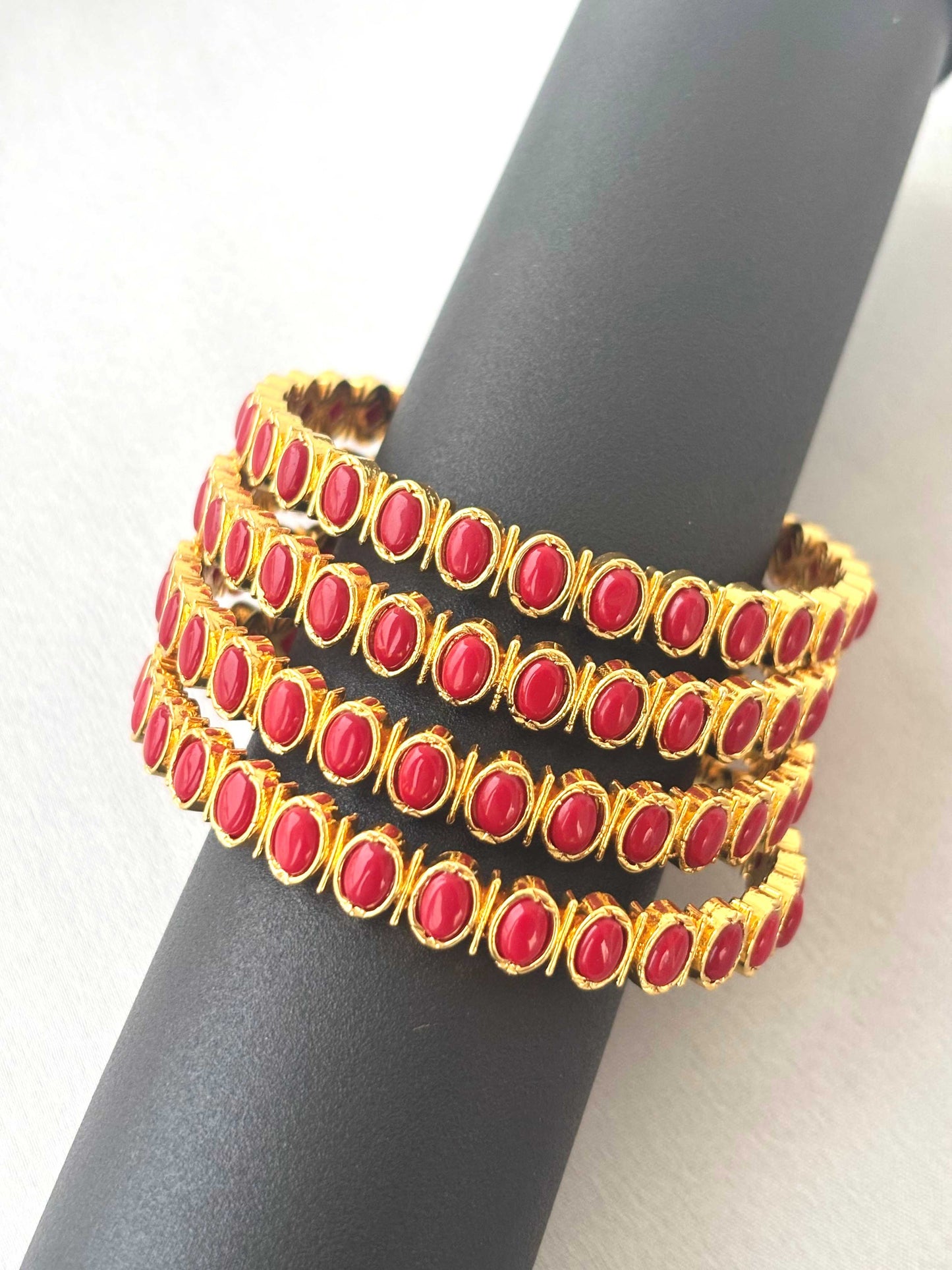 Gold Plated Red Coral Bangles - Set of 2